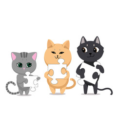 Cute cats characters. Three cat of different colors with puzzle elements. isolated on white background. Vector illustration