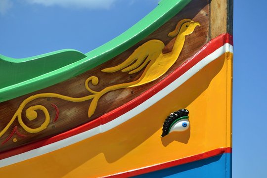 Osiris eye close up on traditional luzzu fishing boat, Malta