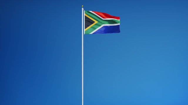South Africa flag waving in slow motion against blue sky, seamlessly looped, long shot, isolated on alpha channel with black and white luminance matte, perfect for film, news, digital composition