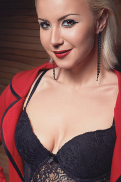 Seductive  fashion young woman in sexual lingerie, red lips