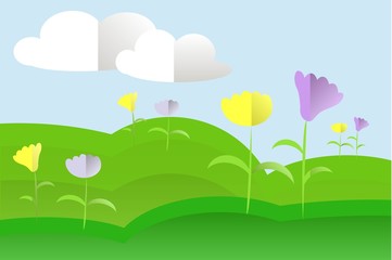 Fototapeta na wymiar Landscape with green hills, meadow, blue sky, white clouds, yellow and purple flowers, flat design, vector