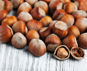 hazelnuts on a wooden table