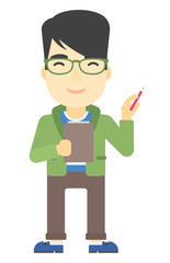 Man standing with pen and file in hands.