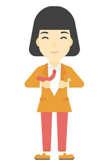 Woman taking off jacket.