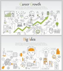 Doodle line design of web banner template with outline icons of career growth, brainstorming,big idea, creative thinking. Modern vector illustration concept for website or infographics.