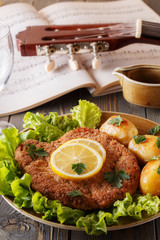 Wiener schnitzel with potatoes and salad.