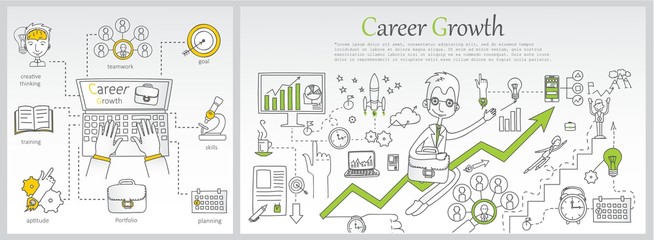 Doodle line design of web banner templates with outline icons of time management, career growth, creative thinking.Vector illustration concept for website or infographics. 