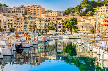 View of port Soller coast with moored boats Majorca Spain - 106367913