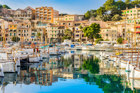 View of port Soller coast with moored boats Majorca Spain