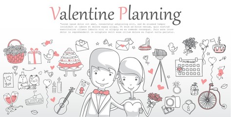 Valentine Doodle line design of web banner templates with outline icons of valentine planning and greeting card.Vector illustration concept for valentine day.