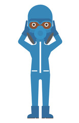 Woman in protective chemical suit.