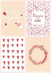 Valentine's greeting cards with cute bear, hearts and floral elements.Valentines day greeting card with calligraphy. Hand drawn design elements. Handwritten modern brush vintage lettering.