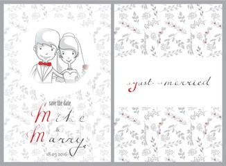 Doodle line design of web banner template with outline cartoon wedding icons. Wedding invitation and wedding card