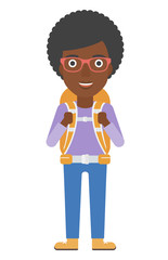 Cheerful woman with backpack .