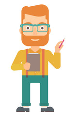 Man standing with pen and file in hands.