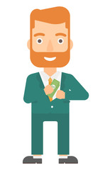 Man putting money in pocket.