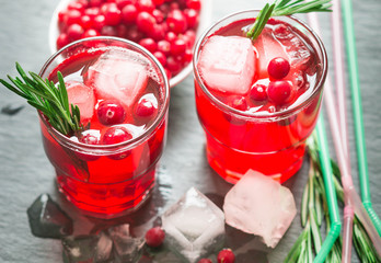 A refreshing drink of cranberry, rosemary and ice cubes. Selective focus