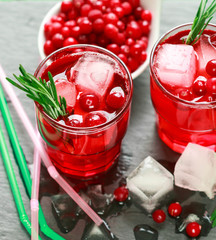 A refreshing drink of cranberry, rosemary and ice cubes. Selective focus