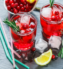 Cranberry lemonade with rosemary and ice. Selective focus