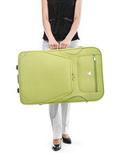 Woman holding a suitcase.