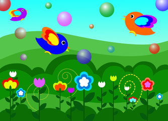 birds trees and flowers in the garden