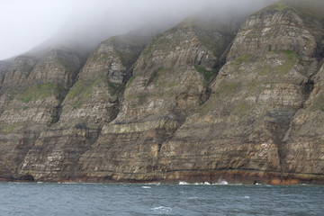 Cliffs at the coastline of Isfjorden, Svalbard, Arctic. Coal layers can be seen in lower pat of the...