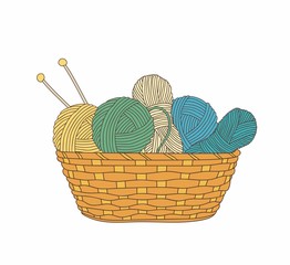balls of yarn and knitting needles in basket isolated on white background