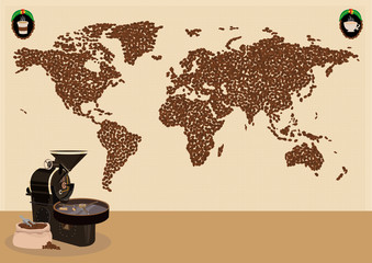Coffee drinkers infographic or use around the world map concept. Editable Clip Art.
Illustration of a Map made of coffee beans with tools like grinder
