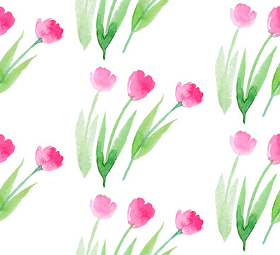 Watercolor pink tulips. Seamless pattern. Original floral illustration