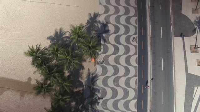 Flying above Copacabana Beach mosaic sidewalk, Rio de Janeiro, Brazil