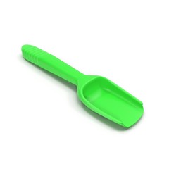 green toy spade, plastic shovel isolated on white.