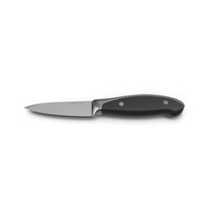 Black and silver paring knife on white.