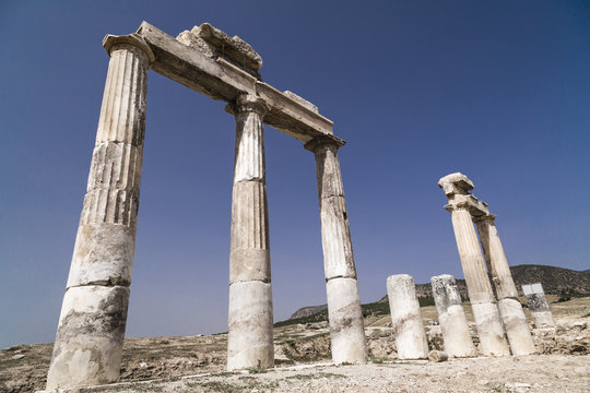 Ruins of Hierapolis, the ancient site located in Pamukkale, Denizli, Turkey.