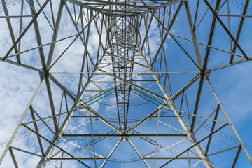 Symmetrically bottom view of electricity pylon against a blue sky