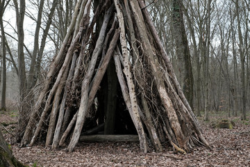 cabane bois enfant tipi tronc arbre jouer jeu construction aventure © shocky