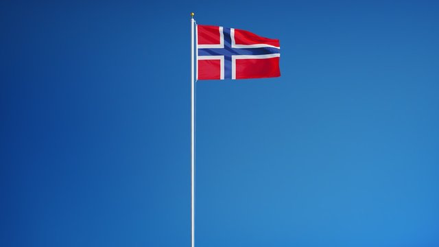 Norway flag waving in slow motion against clean blue sky, seamlessly looped, long shot, isolated on alpha channel with black and white luminance matte, perfect for film, news, digital composition