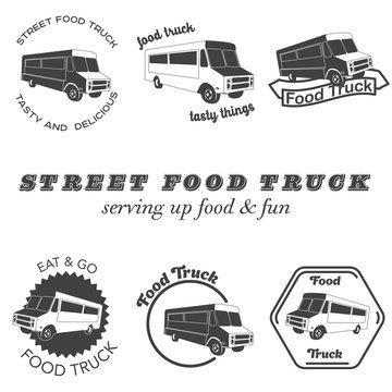 Set of food truck emblems, badges and design elements.