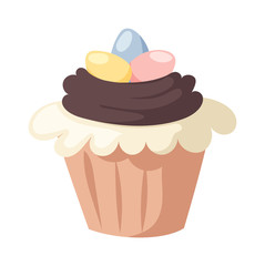 Traditional easter cake white sweet icing, sprinkles, holliday burning candle and colorful egg vector.
