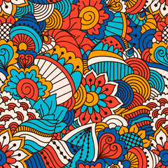 Hand drawn seamless pattern with floral elements. Colorful ethnic background.