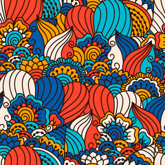 Hand drawn seamless pattern with floral elements. Colorful ethnic background.