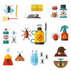 Home pest control expert exterminator service flat icons set with rat and cockroach abstract isolated vector illustration