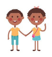 Twins happy kids holding hands boy and girl vector illustration. 