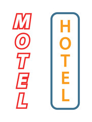 Neon sign with the word hotel, motel signboard facade vector illustration. 