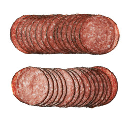 Stack of multiple salami slices isolated