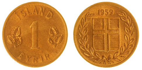 1 eyrir 1959 coin isolated on white background, Iceland
