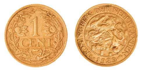 1 cent 1929 coin isolated on white background, Netherlands