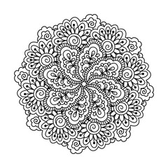 Round element for coloring book. Black and white floral pattern.