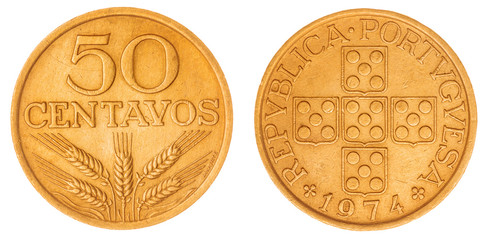 50 centavos 1974 coin isolated on white background, Portugal