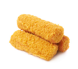 Pile of breaded crab sticks isolated