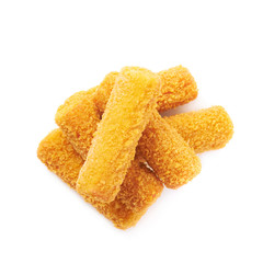 Pile of breaded crab sticks isolated